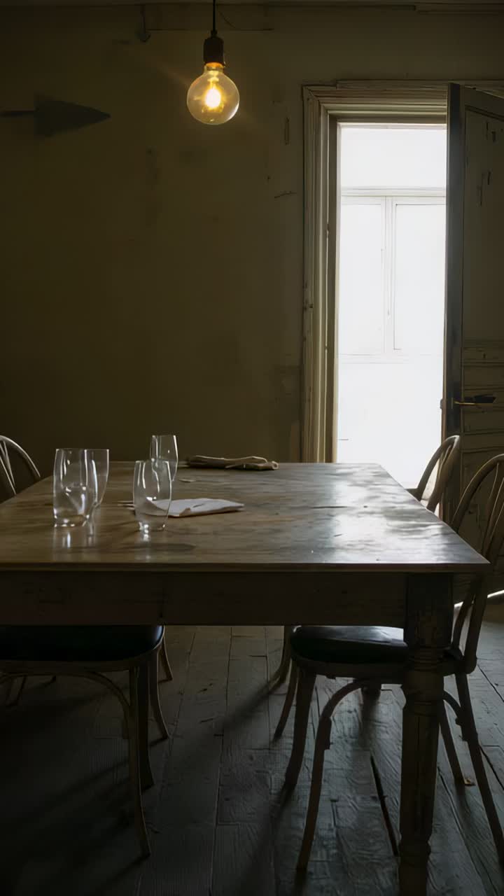 Vertical video: Flickering bulb casting warm glow on rustic table at home, shifting glass glares