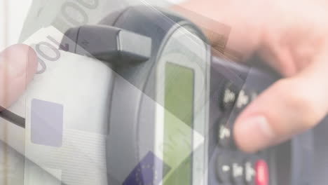 animation of hand using credit card payment terminal, over hand counting out euro notes