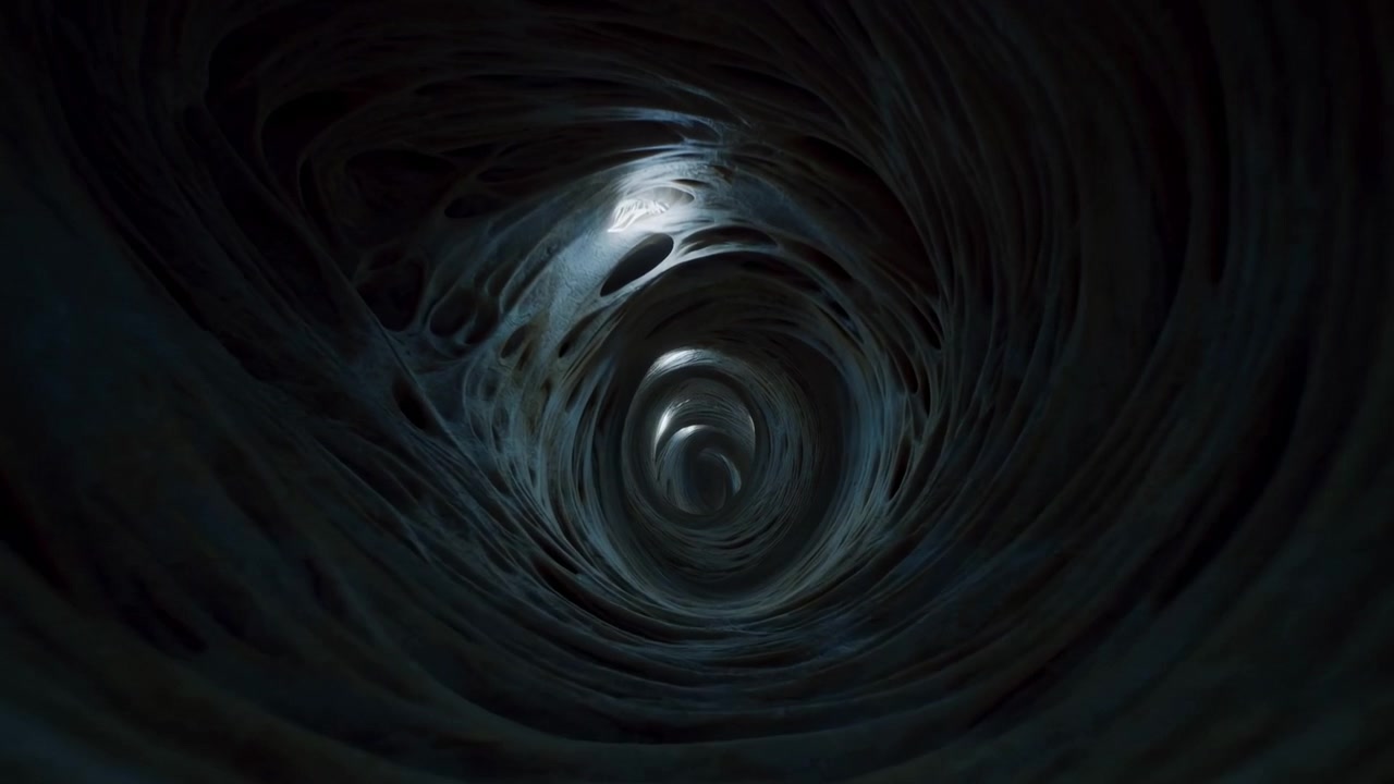 Centered frontal view into elongated organic tunnel with repeating layered walls, rippling ridges, and oval hollows receding toward dark core while light shifts across textured surfaces