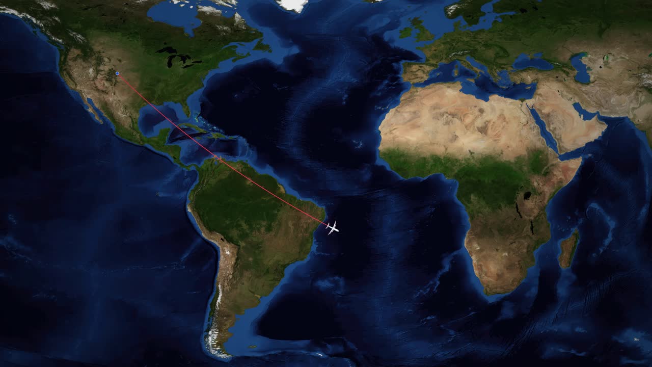 Animazione di una mappa satellitare del mondo segue un aereo che vola da Denver a Città del Capo, Sudafrica