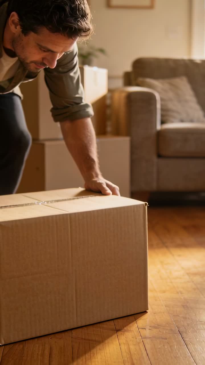 Man Pushing Cardboard Box on Wooden Floor in Living Room