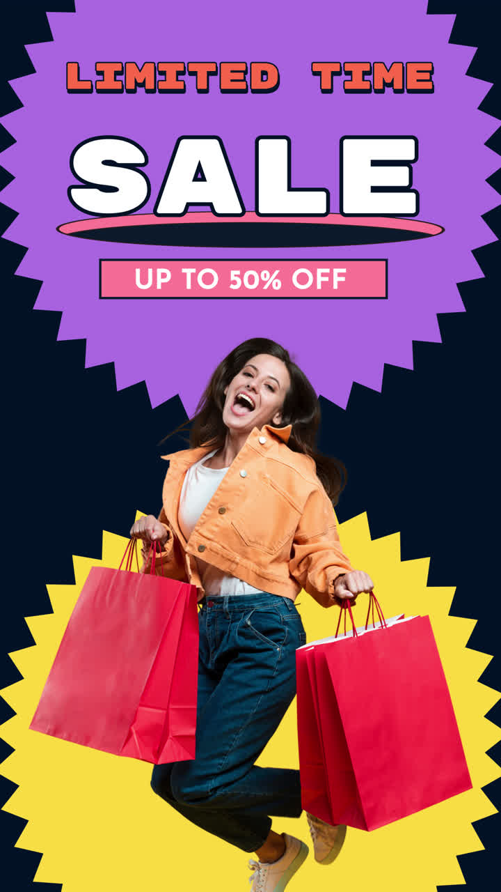 Happy Woman Jumping with Shopping Bags during Limited Time Sale