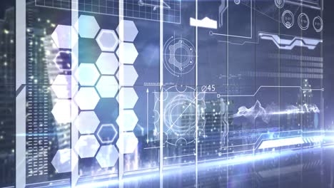 Animation-of-network-of-hexagons-and-data-processing-over-cityscape