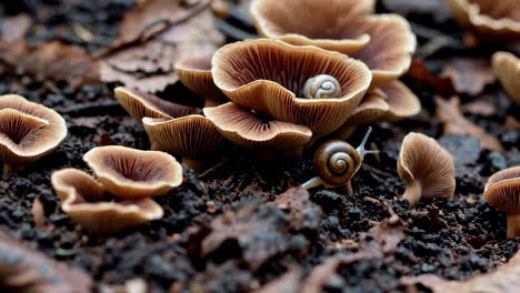 snails and mushrooms on the forest floor