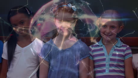 animación de redes de conexiones y globo sobre escolares en el aula