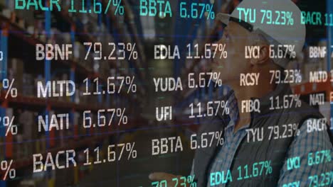 animation of stock market over biracial worker in warehouse