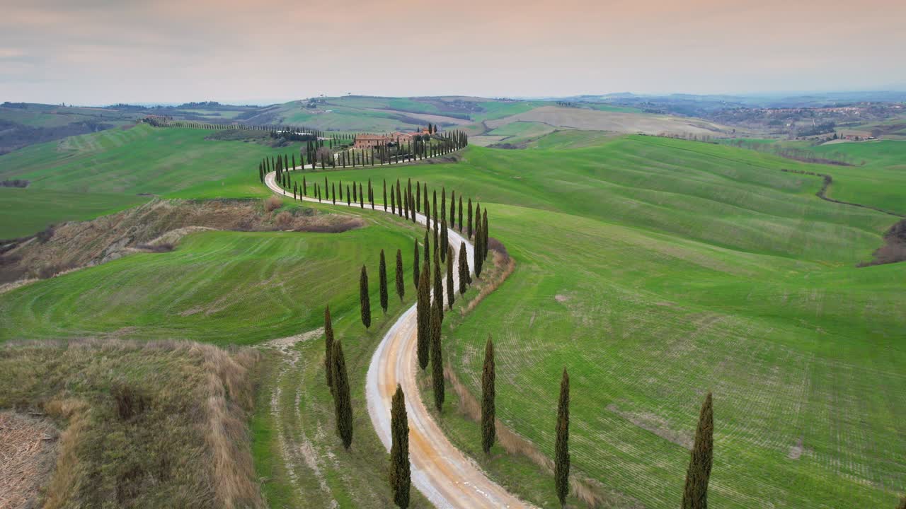 푸른 언덕과 아시아노 근처의 사이프러스 나무가 있는 자갈 도로의 원형 공중 풍경 val d'orcia, 시에나 지방, 이탈리아