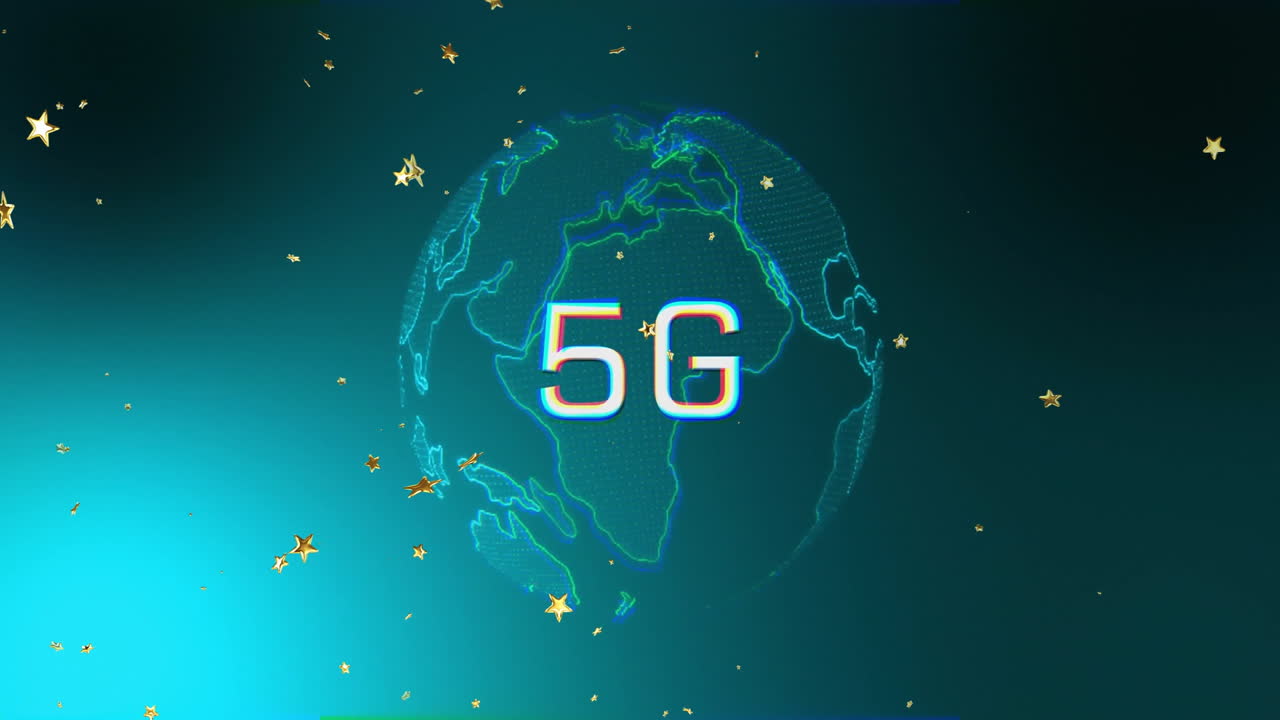 5G text with digital globe and stars animation on blue background