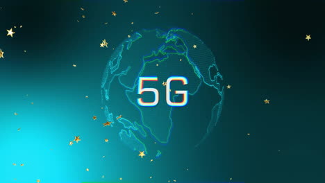 5g text with digital globe and stars animation on blue background