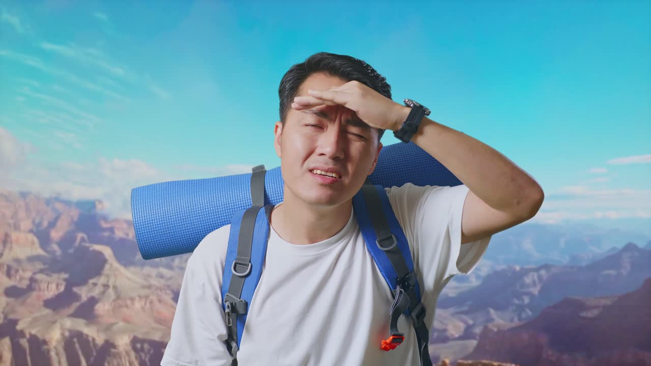 Close Up Of Asian Male Hiker With Mountaineering Backpack Hand Forehead Smiling And Looking Distance While Traveling At The Top Of Mountain