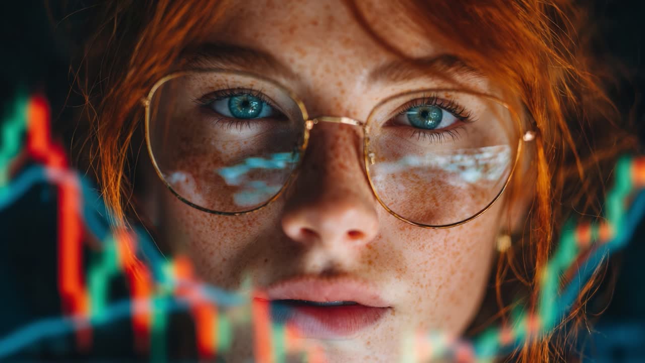 Emerging Insights: A Young Woman with Freckles and Glasses Stares Intently at Financial Charts, Reflecting Data Projections in Her Eyes, Symbolizing Awareness and Growth