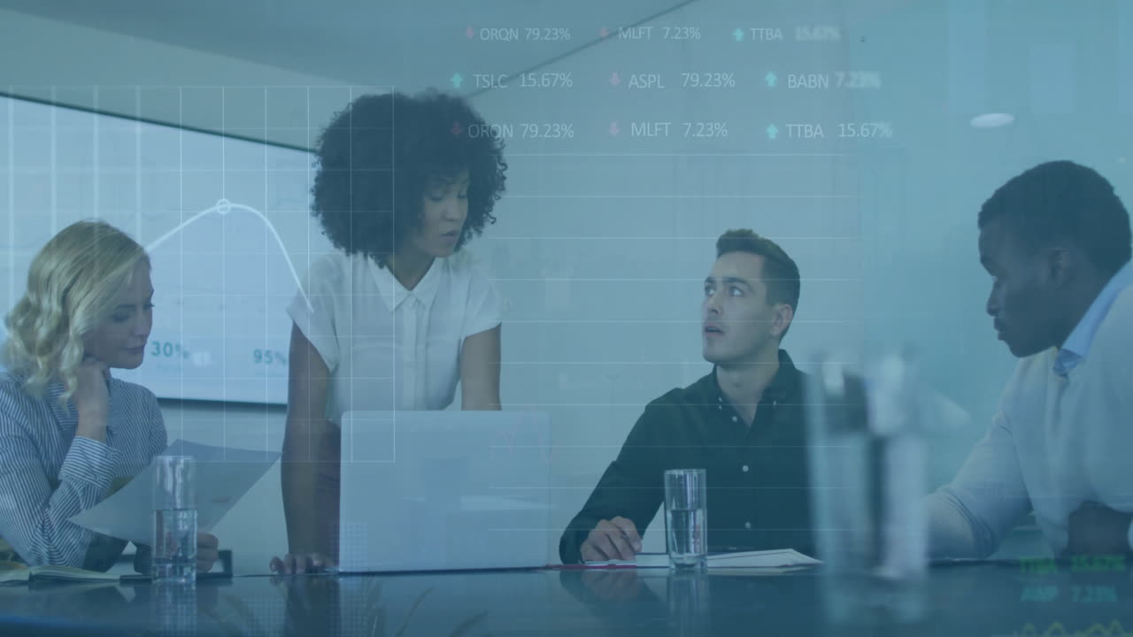 Animation of data processing and diagrams over diverse business people at meeting