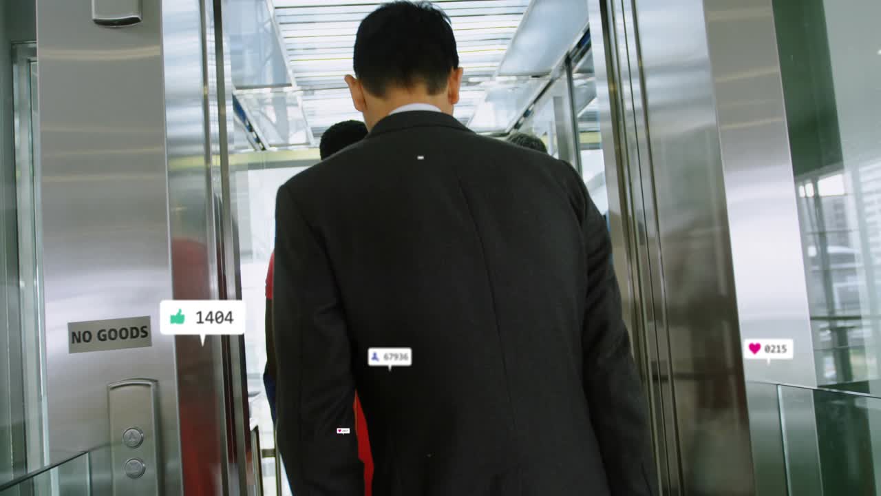 Woman in red using phone and causing social counts among office staff entering elevator for metrics