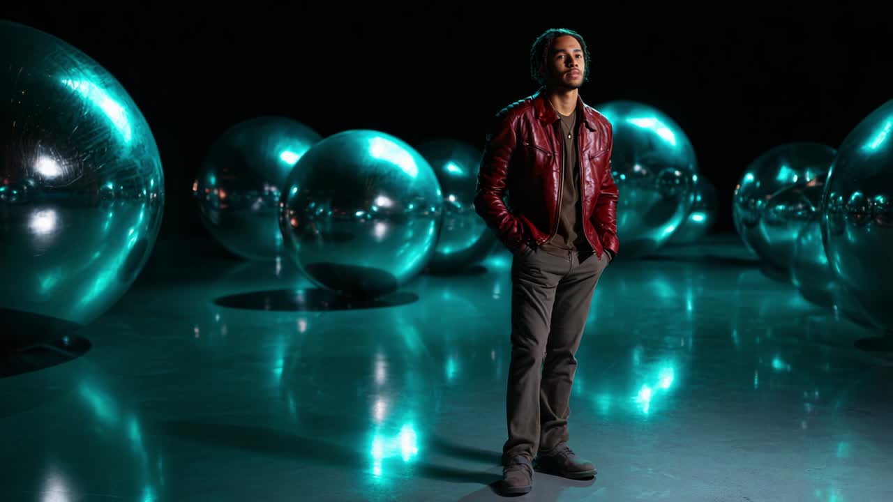 A contemplative figure in a striking red jacket stands amidst large reflective spheres, creating an intriguing interplay of light and shadow in a darkened space, evoking a sense of mystery and exploration