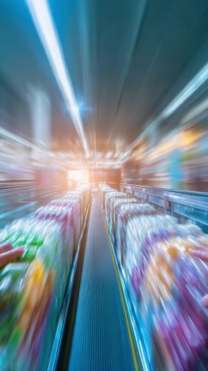 Prospettiva dinamica di colorati scaffali di prodotti nel corridoio di un negozio di alimentari, catturata con la tecnica dell'effetto mosso per una maggiore profondità e impatto visivo