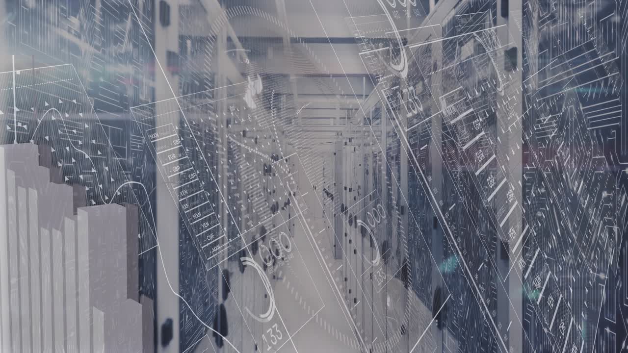 Network lines flickering data aisle, rotating arcs rising charts sliding tickers for live analytics