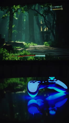 gaming controller in dark room with blurry game screen