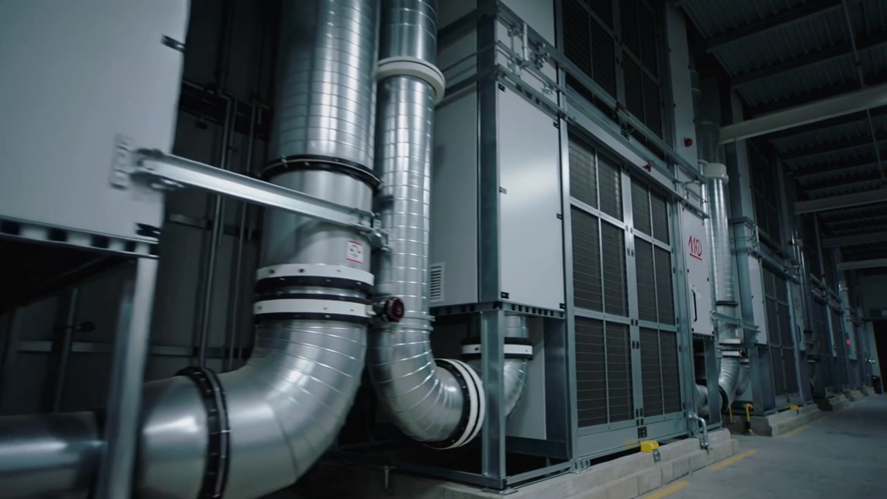 Operator starting rightward tracking, camera moving along plant hall revealing HVAC units and ducts