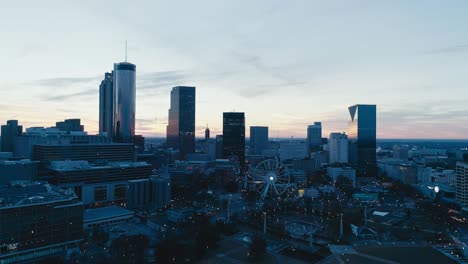 Gorgeous-and-cinematic-aerial-shot-of-the-downtown-Atlanta-Georgia-Skyline-at-dusk