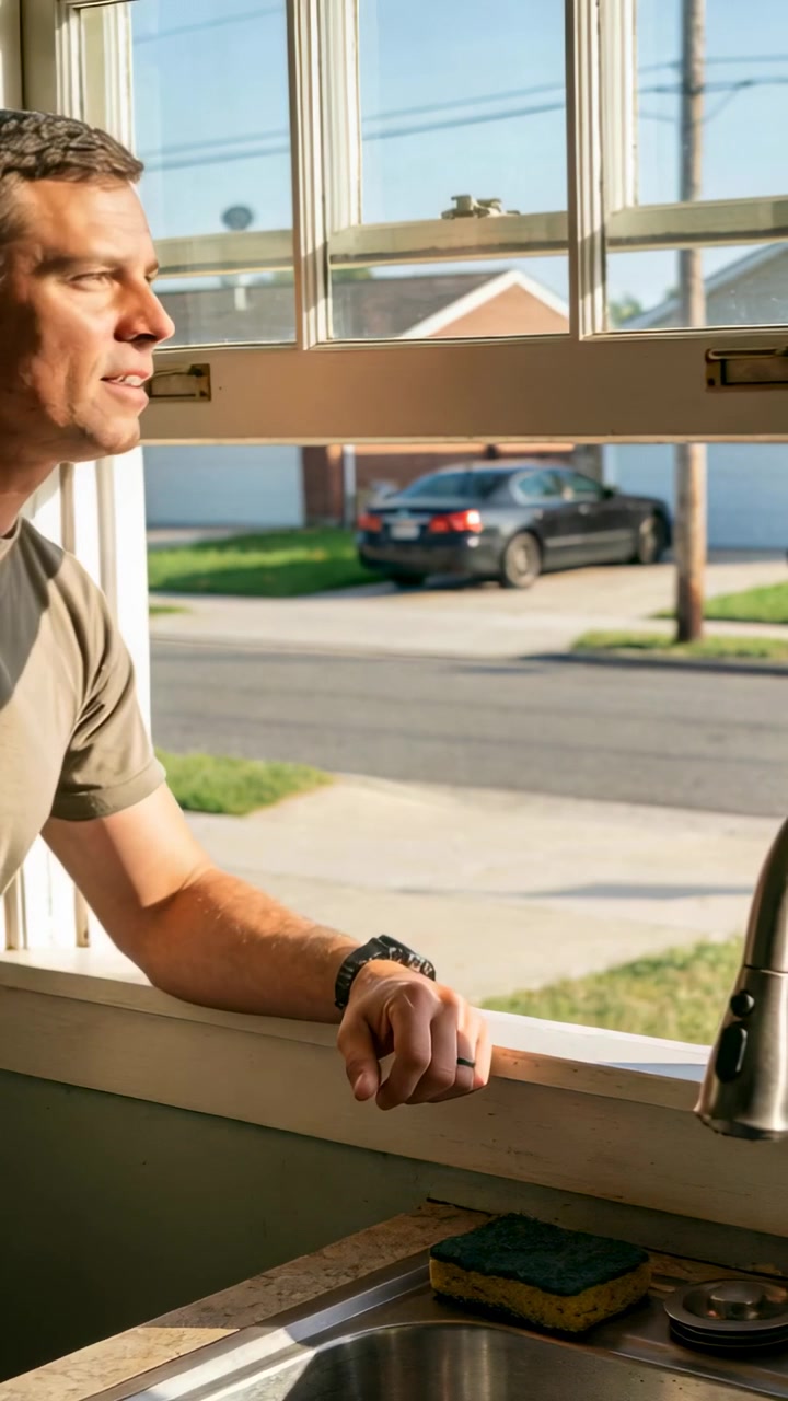 Vertical video: Seeing car man in olive tee with watch leaning on home window watching, copy space
