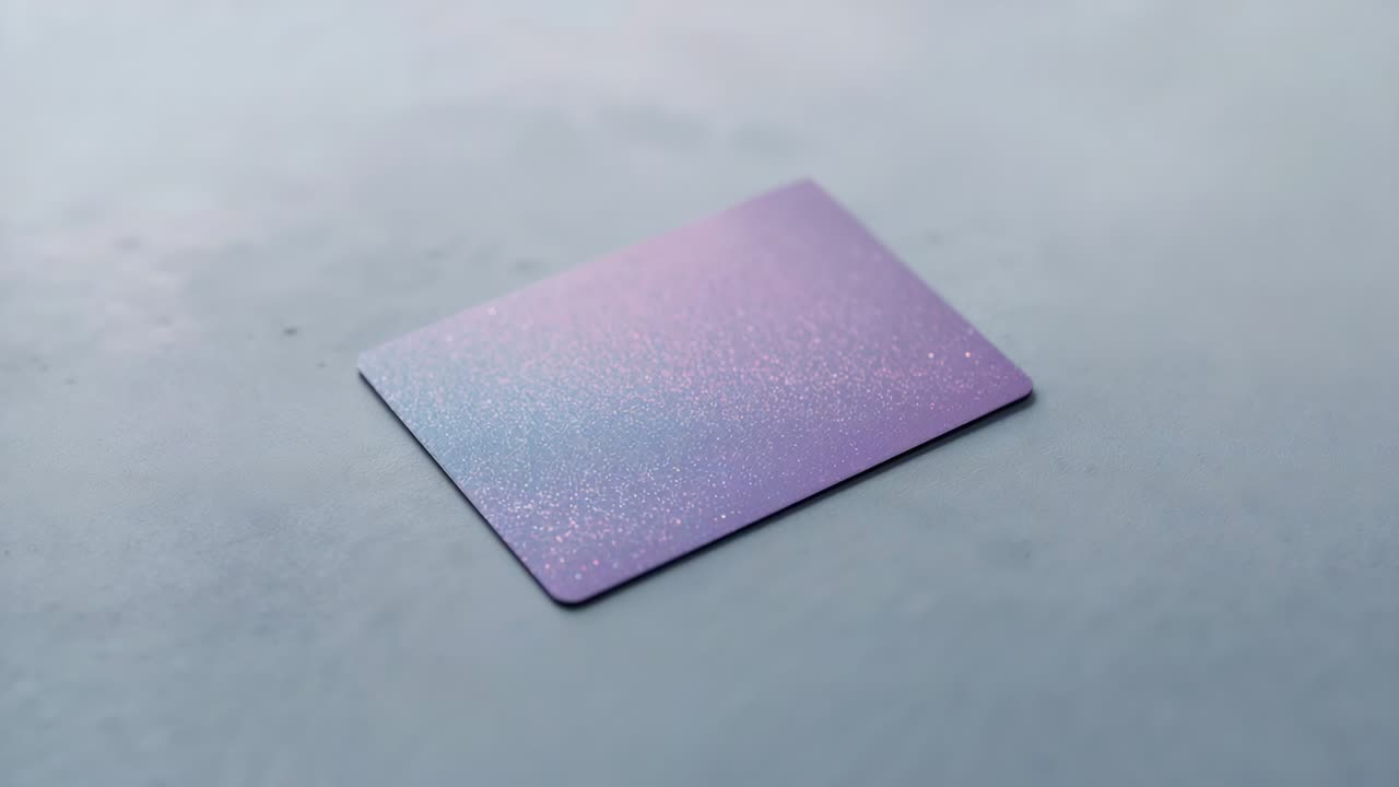 Panning camera showing glitter card with dark edge on marble table to showcase shifting highlights