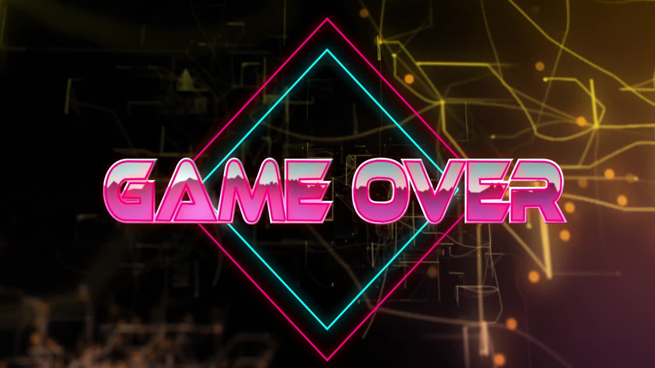 Animation of Game Over text with neon geometric shapes on digital background