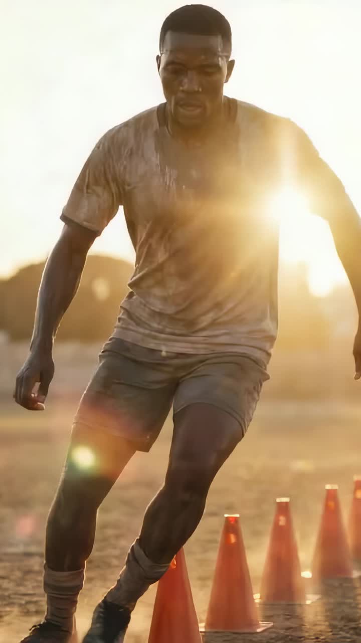 Vertical video: Timer starting, runner cutting cones on dusty ground in light tee and shorts, drill
