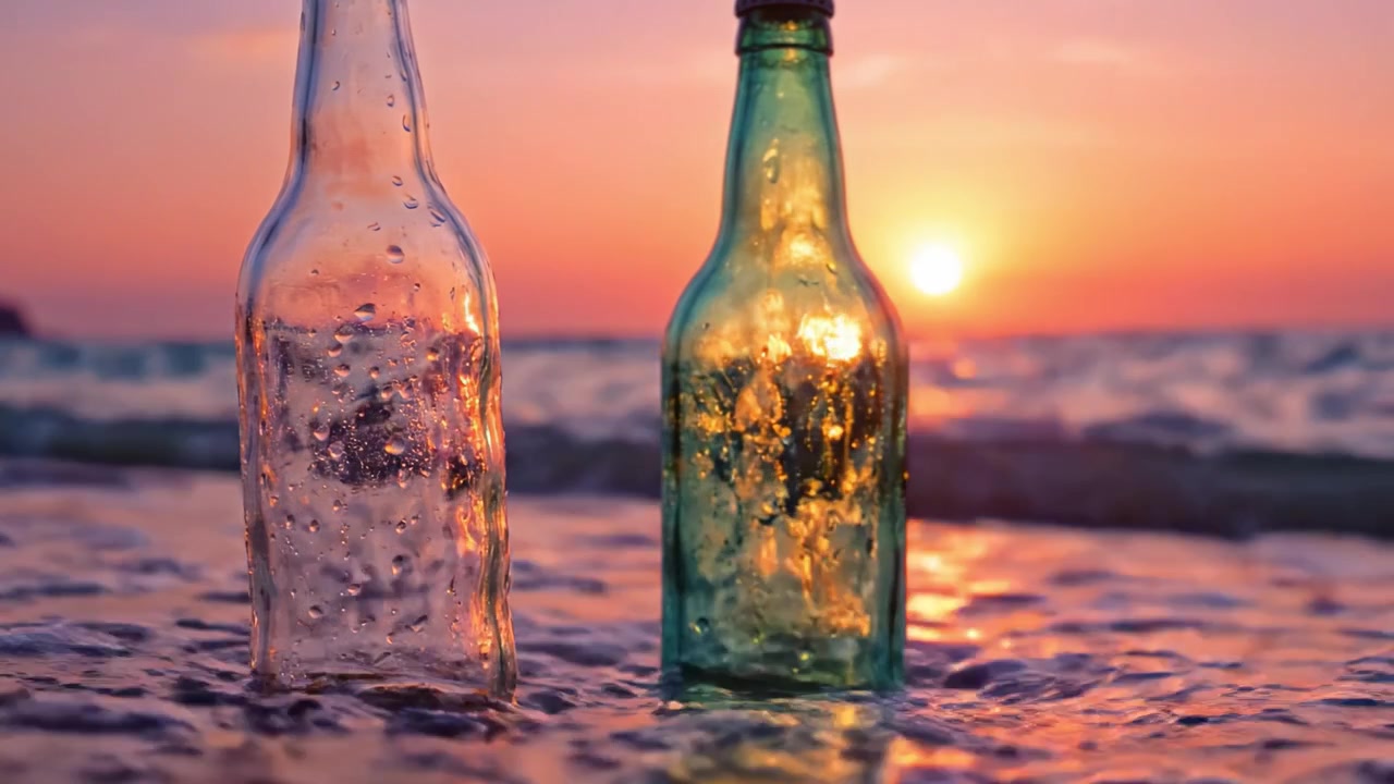 Un tramonto sereno sulla costa con due bottiglie che riflettono il caldo bagliore del cielo serale, creando una perfetta transizione di scena da spiaggia.