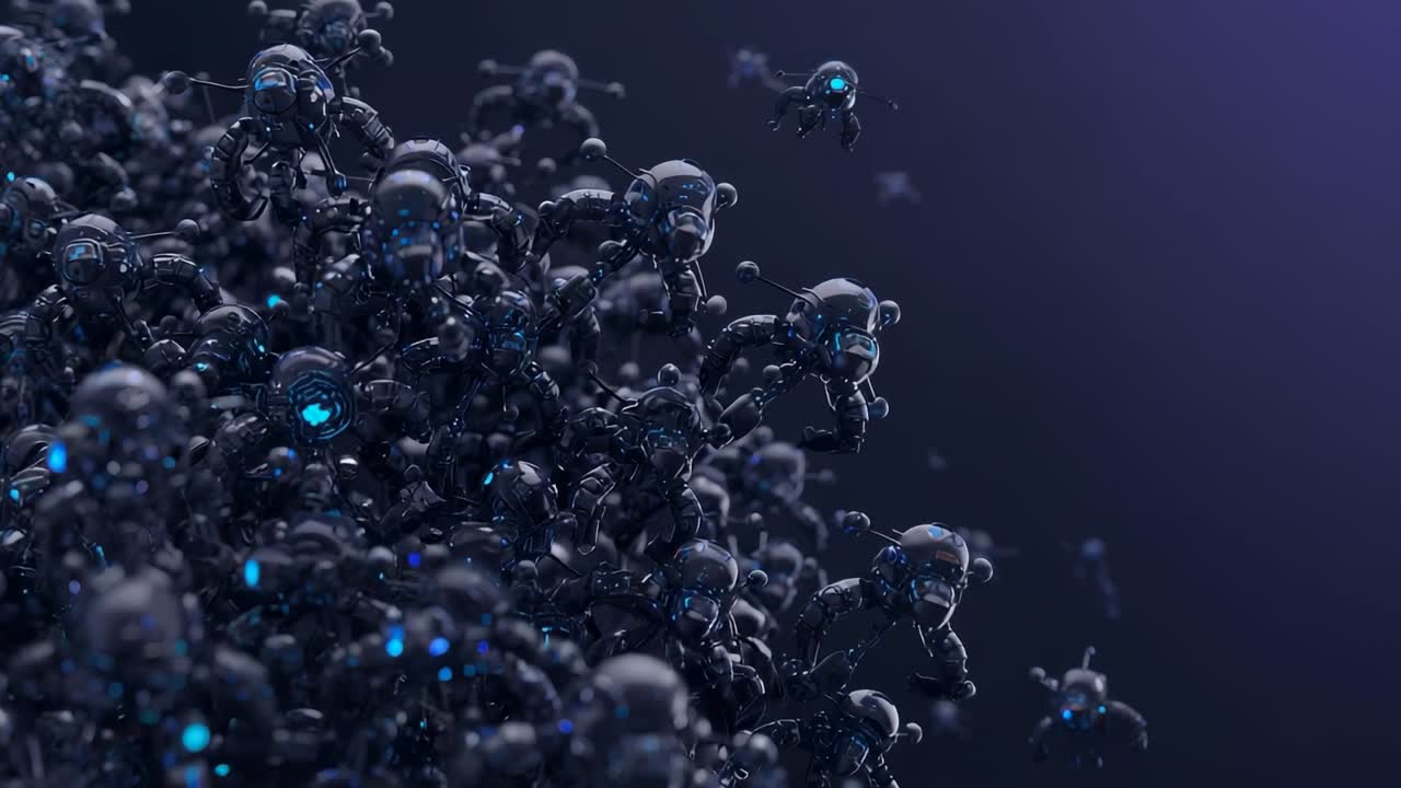 Detaching dense swarm of metallic drones moving rightward in CGI void, glowing blue cores pulsing