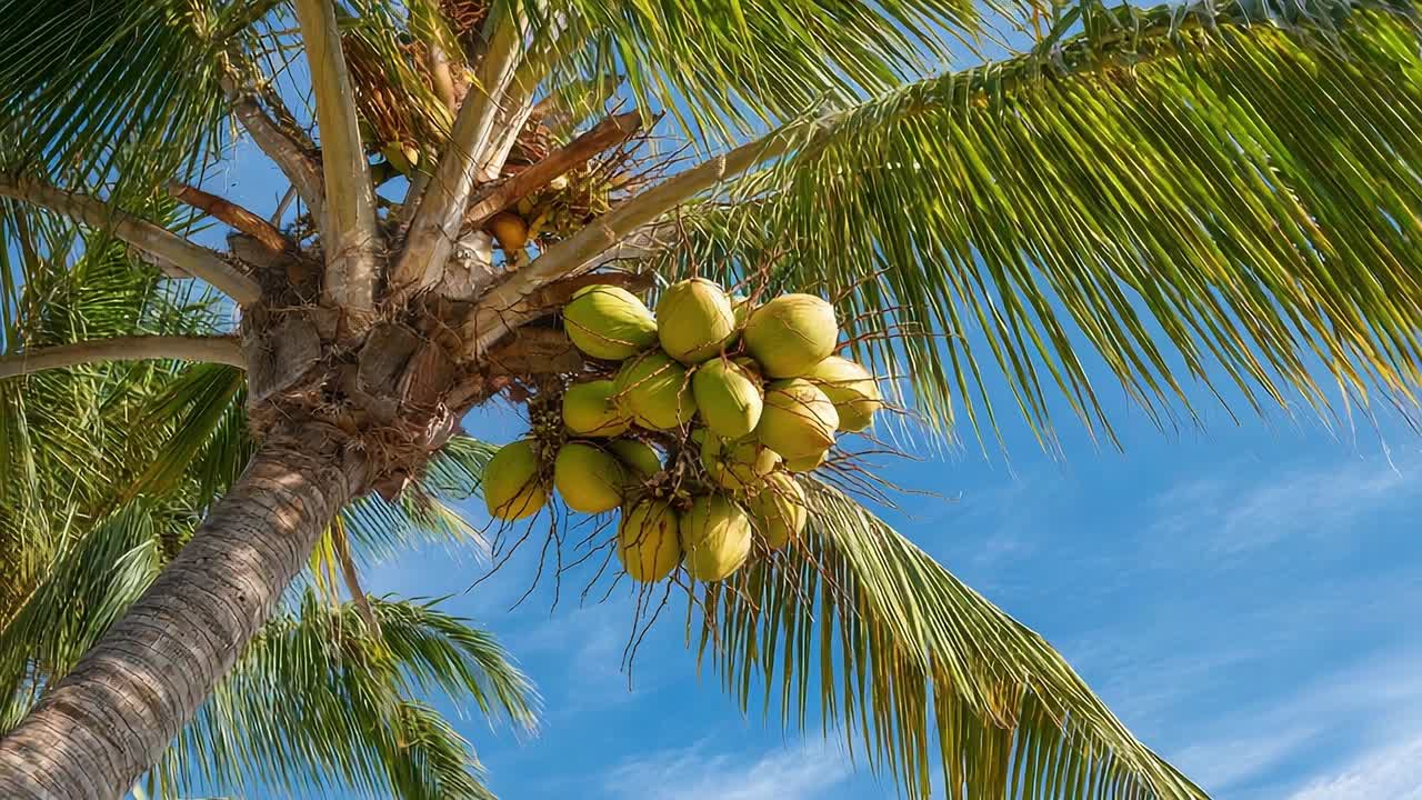 Bright yellow coconuts hanging on a palm tree in tropical sunshine