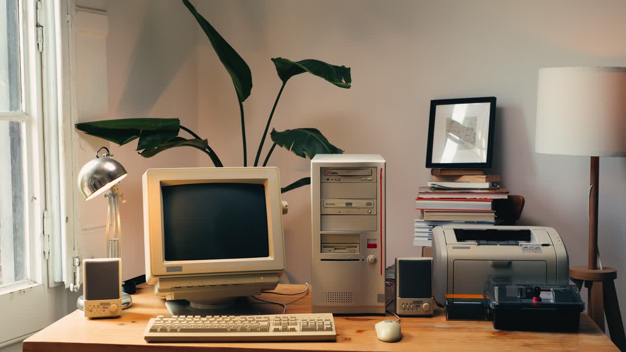 Retro pc computer gaming, Desktop vintage with loading code console, programmer making scripts, green basic screen, Old computer studio close-up, retro wave display, late 90s PC.
