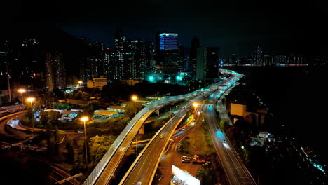 an aerial view of a city at night