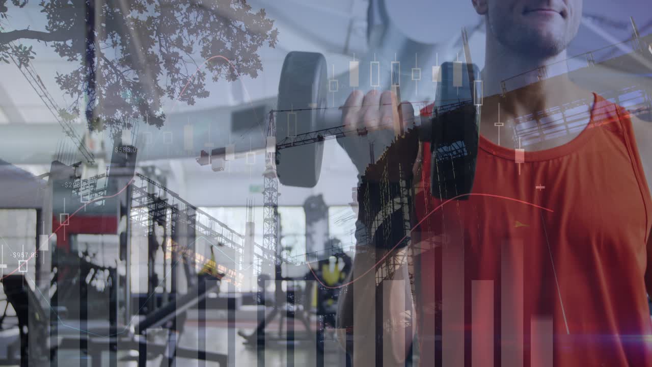 Man pausing after set in gym, lowering head while cranes and charts overlaying preparing rep