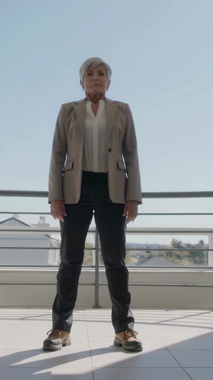 Video verticale: Telecamera che zooma su una donna anziana in blazer che alza il mento e si muove su un tetto.