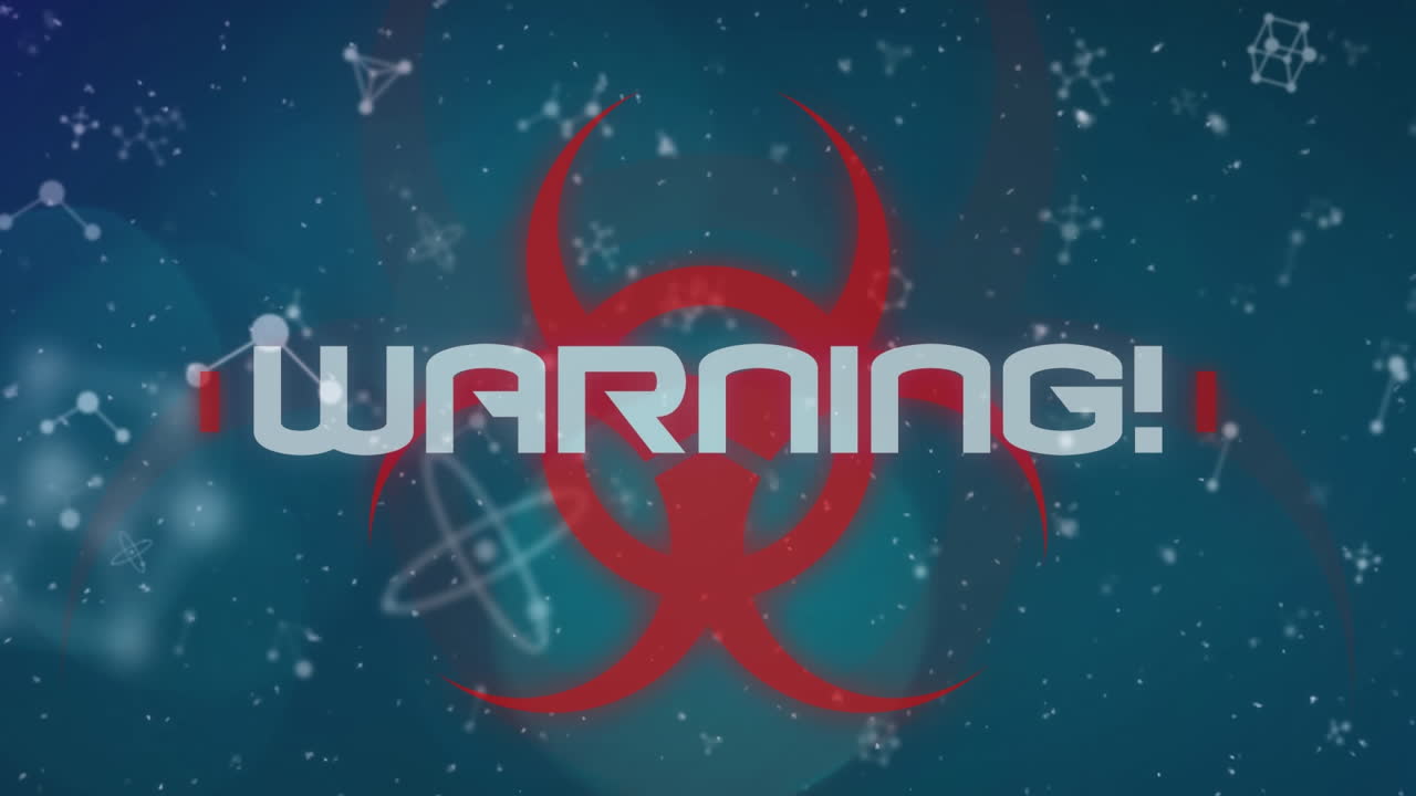 texto de advertencia sobre el símbolo de peligro biológico sobre manchas de luz y estructuras moleculares sobre fondo verde