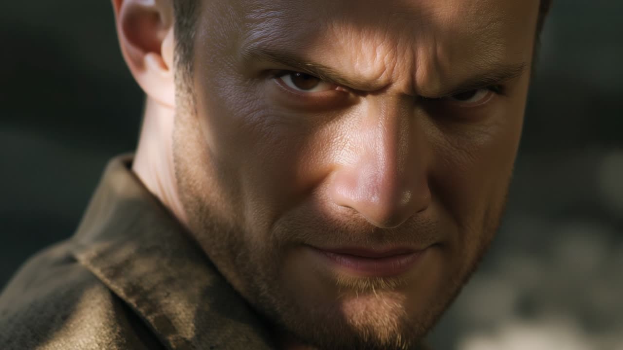 Lifting gaze, man wearing brown jacket moving to steady stare in closeup, focusing, camera holding