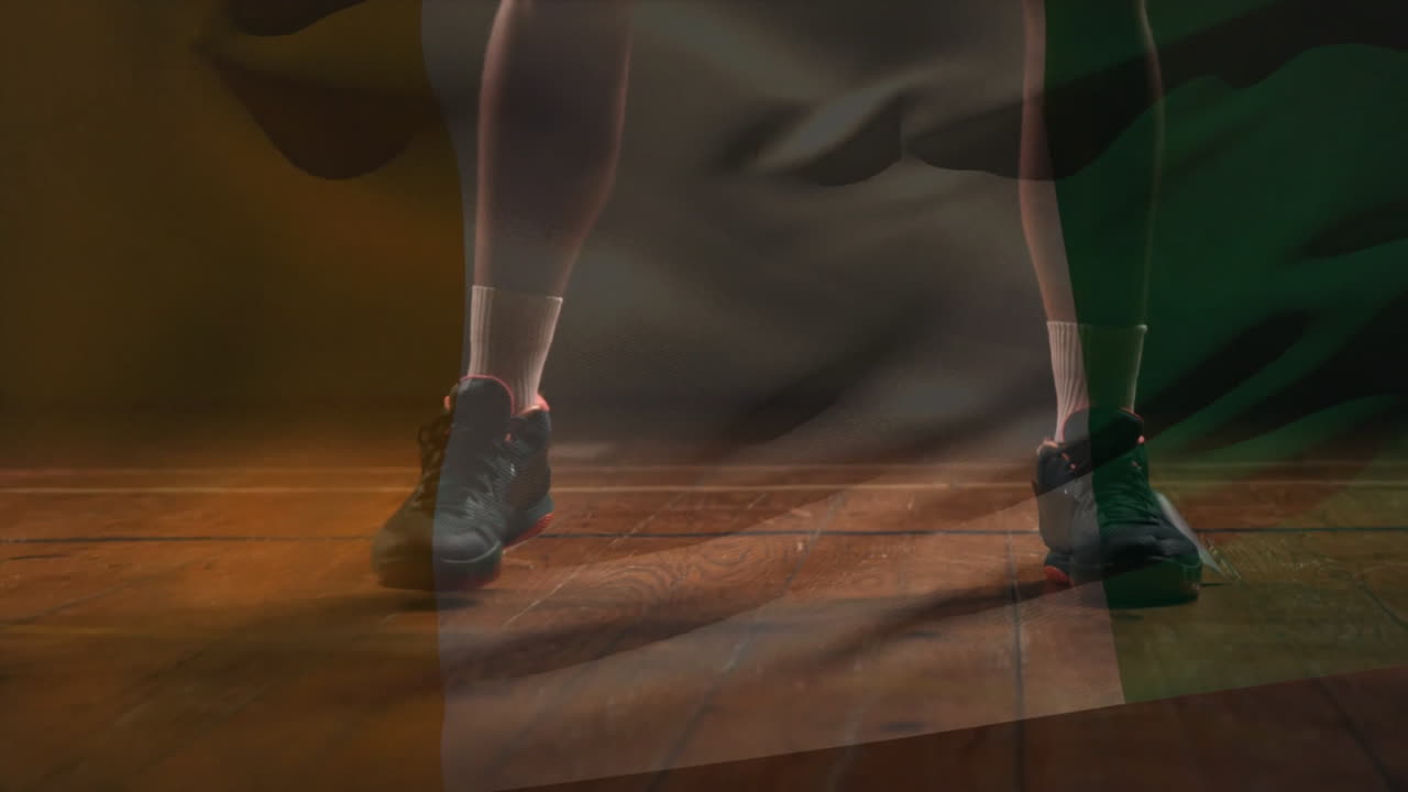 Dribbling basketball, player on wooden court with dynamic animation lighting effects