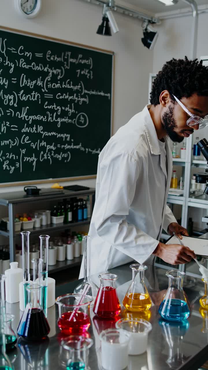 A mid-angle shot of a scientist in a lab coat working with colorful chemicals, set