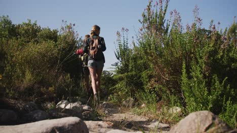 pareja caucásica haciendo senderismo en la naturaleza