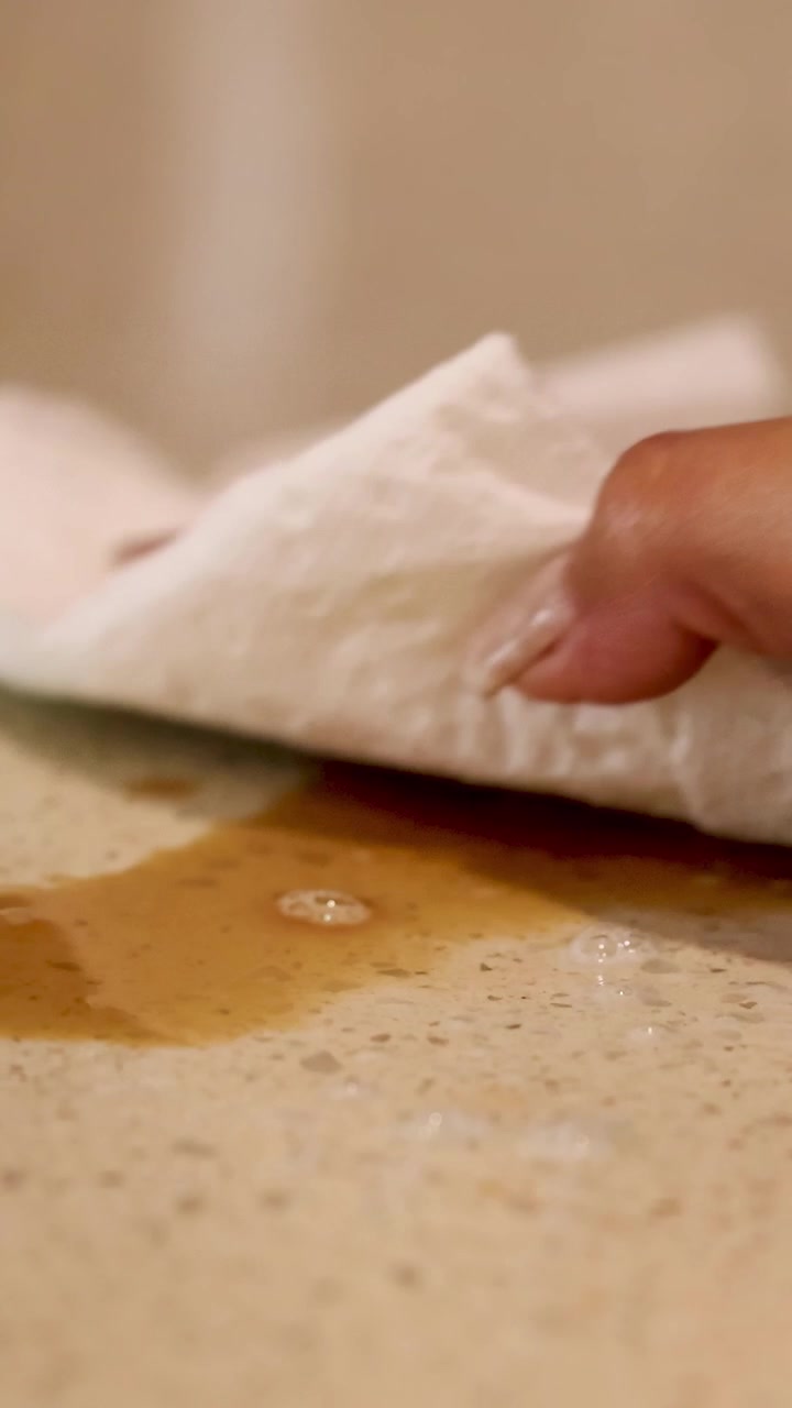 A coffee spill is cleaned from a countertop using a paper towel in a well-lit kitchen