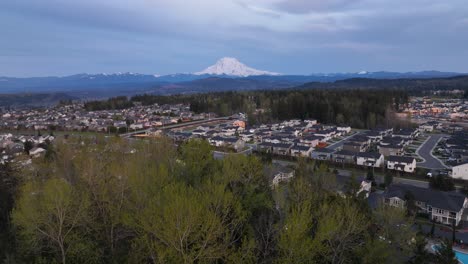 aerial shot pushing towards mount rainier through trees with a large community of neighborhoods underneath