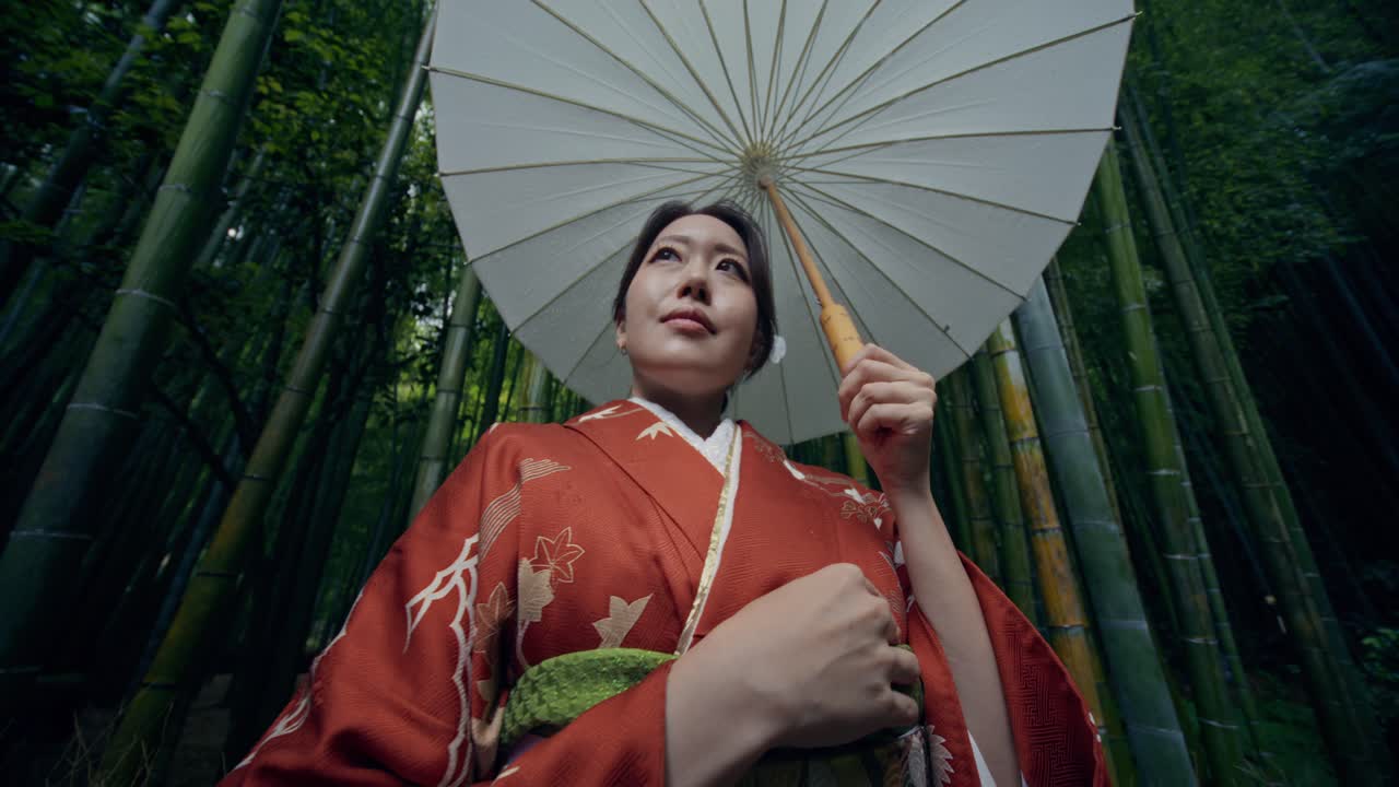Woman in Kimono under Umbrella in Bamboo Forest