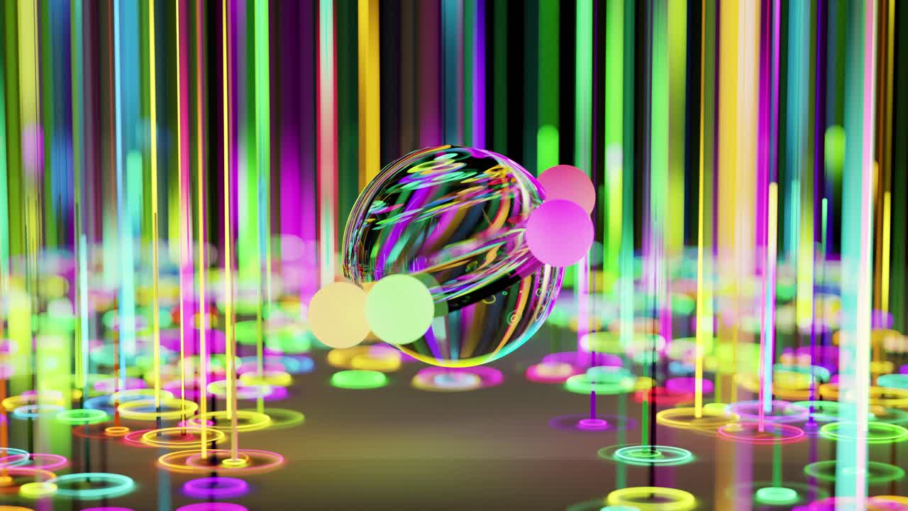 3D rendering of small colorful neon balls rotating on glass sphere