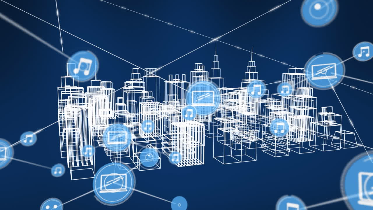 어두운 파란색 배경에 메타버스 도시 풍경에 대한 연결 네트워크의 애니메이션