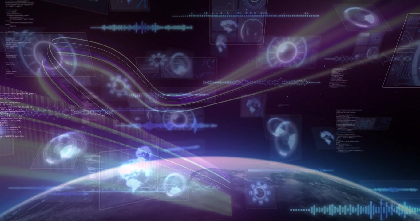 On start curving neon ribbons sweeping, HUD panels fading, planet horizon revealing data visuals