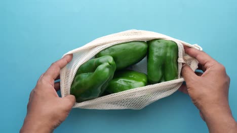 bolsa de productos de malla reutilizable con pimientos verdes