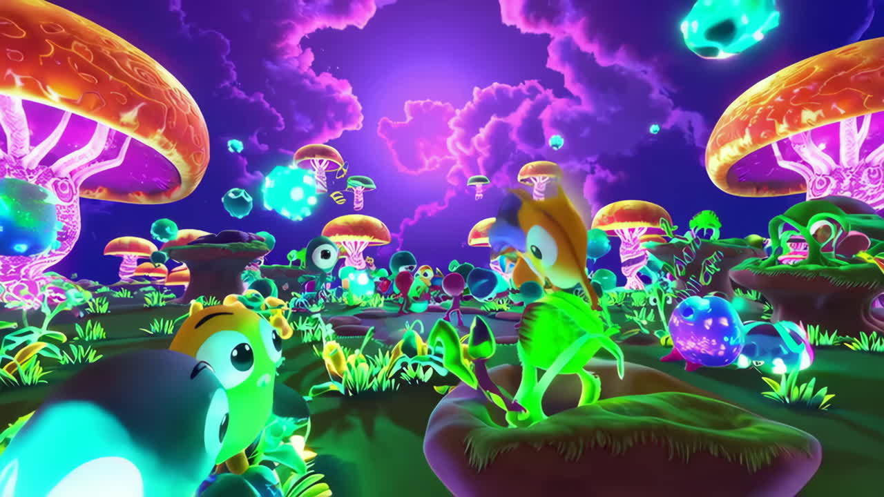 Whimsical Creatures in a Psychedelic Glowing Mushroom World