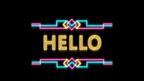 animación del texto de saludo entre patrones abstractos iluminados contra un fondo negro