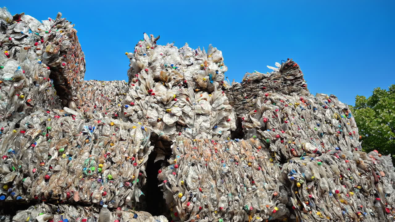 Multiple stacks of compressed transparent plastic garbage at waste recycling factory in open air. Slow motion
