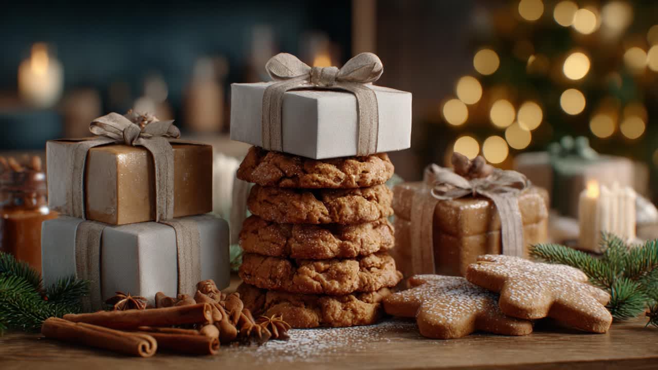 Deliciously Festive Display of Stacked Cookies Surrounded by Beautifully Wrapped Gifts and Warm Candlelight, Perfect for Holiday Celebrations and Gatherings